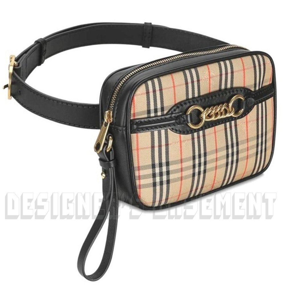 BURBERRY black leather LINK 1983 beige canvas Equestrian Knight Check Belt Bag - Picture 7 of 12
